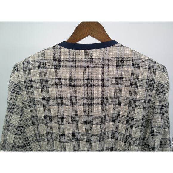 Vtg Executive Collection Womens Navy Beige Plaid 4 Button Lined Blazer Size 14 - Picture 4 of 8